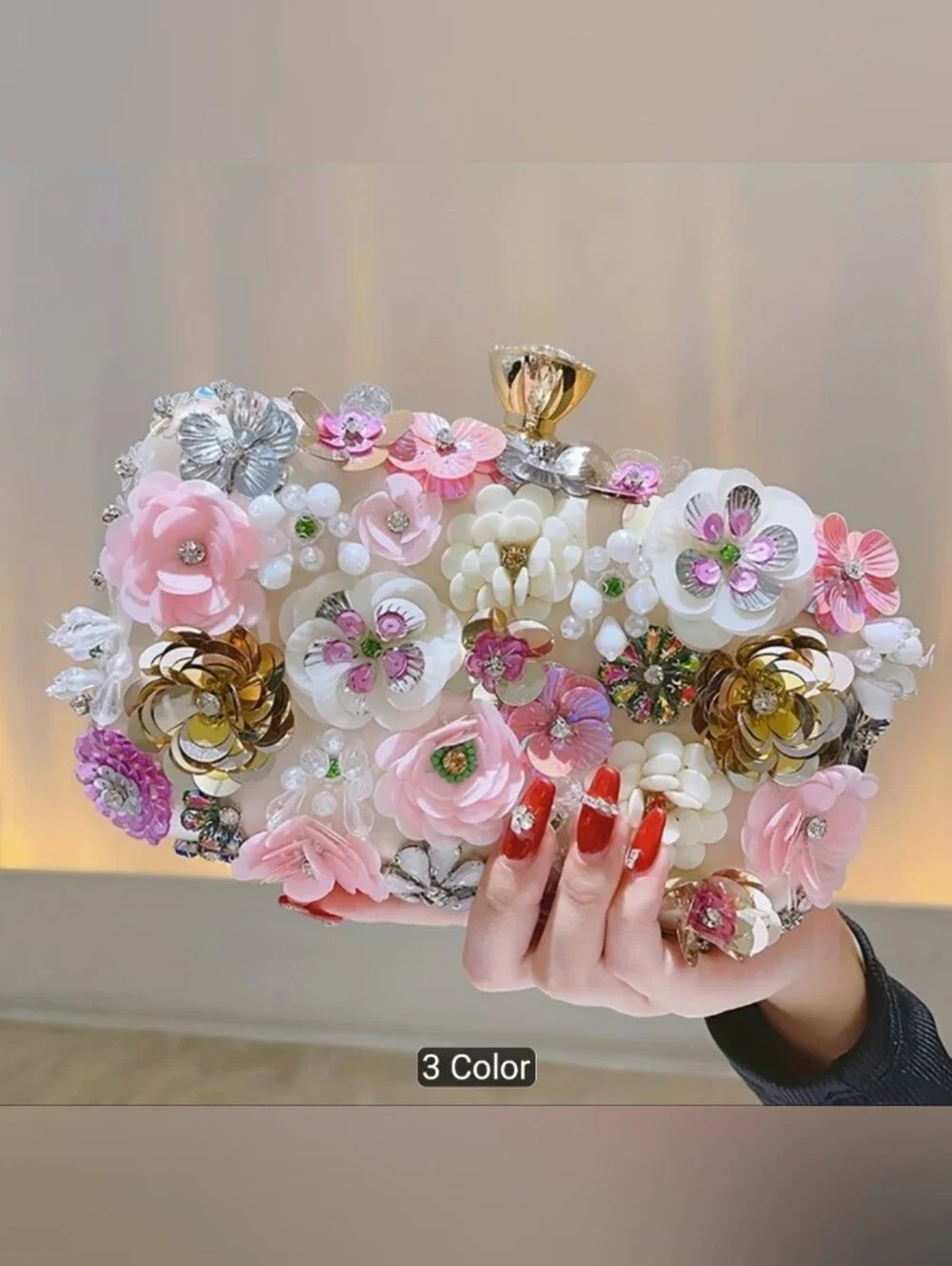 Embellished Floral Clutch Bag in Pink, White & Gold